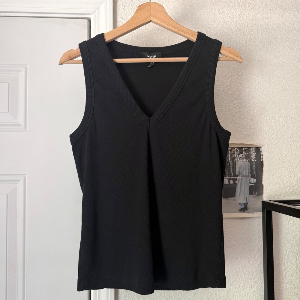 ME + EM black rib ribbed knit cotton v-neck cropped tank top